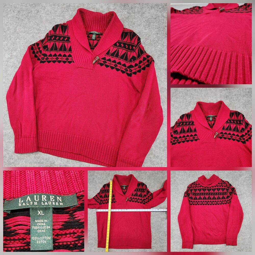 Ralph Lauren LRL Women XL Cotton Knit Shawl Collar Aztec Nordic Pullover Sweater